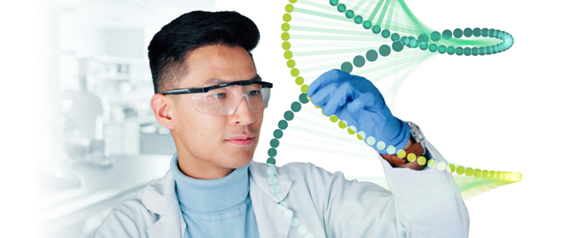 Teva scientist looking at stylized DNA strand representing acceleration phase of pivot to growth strategy