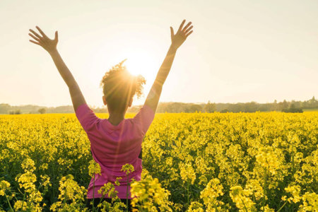 A young black woman with ADHD stands with her arms raised in a field of flowers. A young black woman with ADHD stands with her arms raised in a field of flowers.
